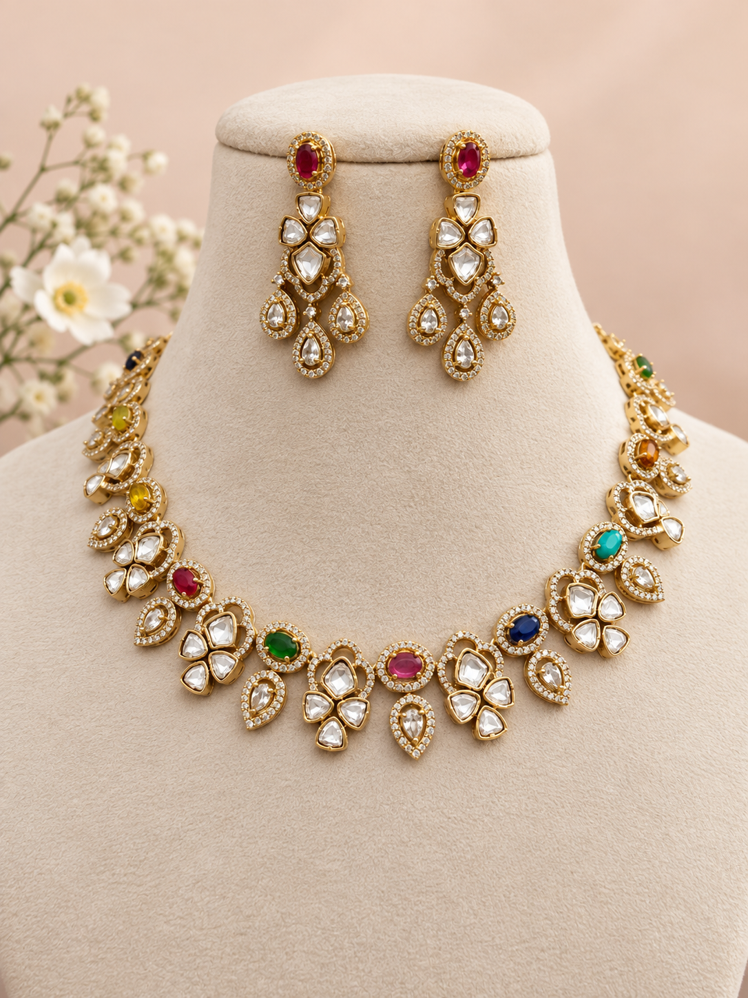 Bridal premium gold kundan and polki Necklace Set with Earrings