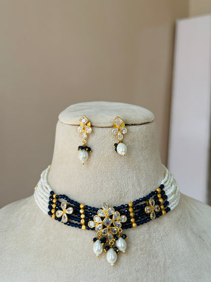 - heritage 18k gold plated kundan necklace blue beaded set