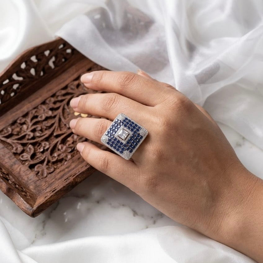 Rhodium Plated Zirconia Studded American diamond adjustable Ring| Hand Jewelry oxidised German silver Rings saree kurta Bloom - By Sushmita India Navratri Diwali Ganpati holi Eid