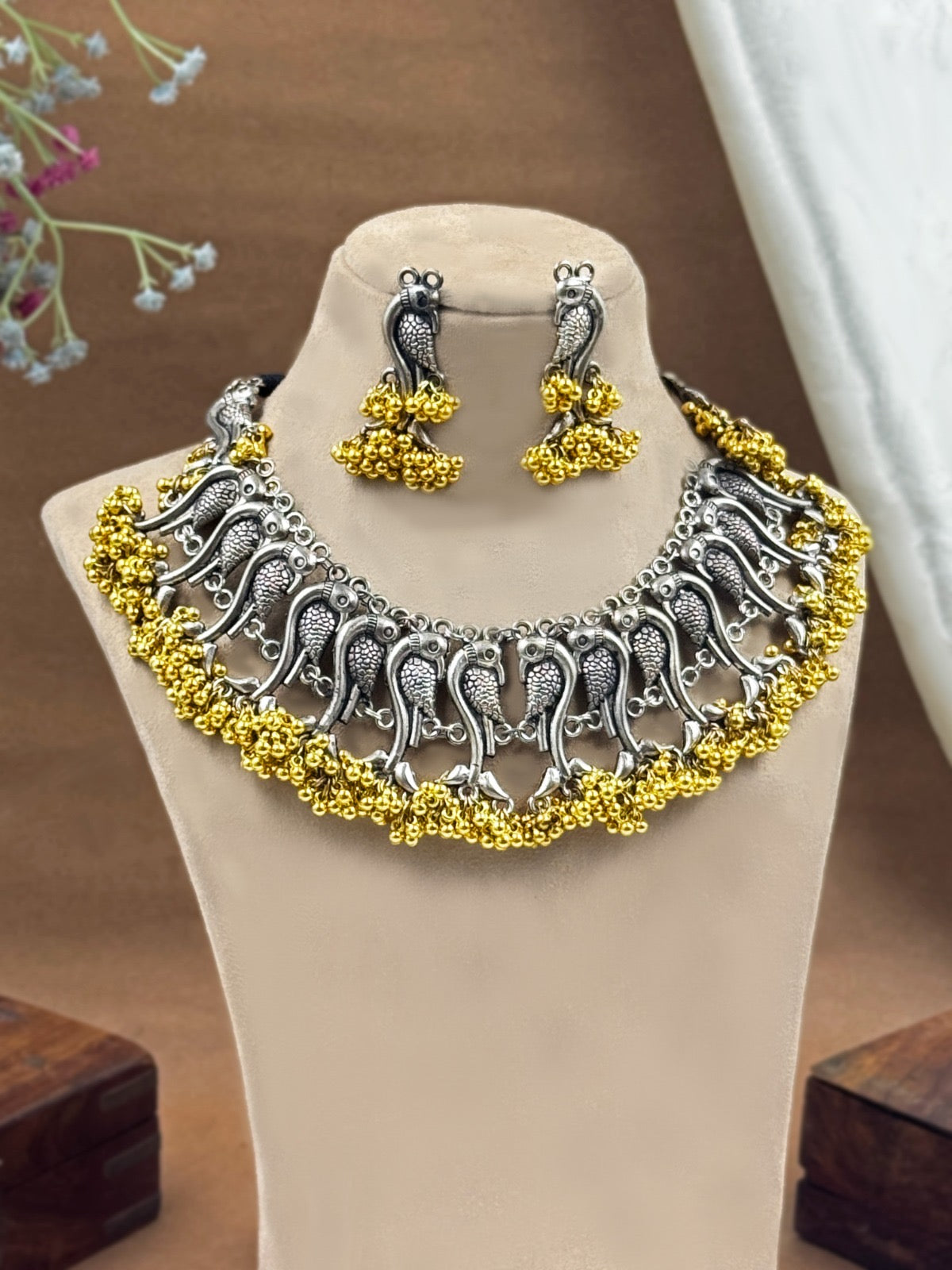 Bird Silver Oxidised Choker oxidised German silver Necklaces saree kurta Bloom - By Sushmita India Navratri Diwali Ganpati holi Eid