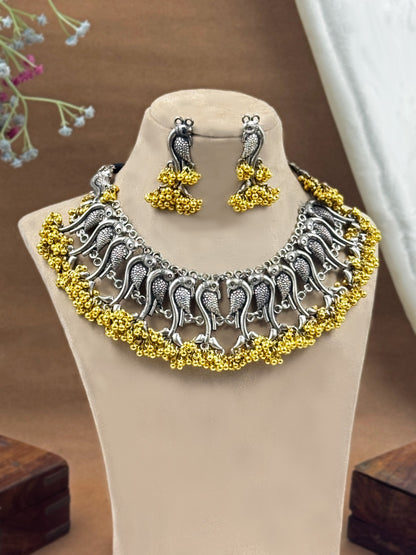 Bird Silver Oxidised Choker oxidised German silver Necklaces saree kurta Bloom - By Sushmita India Navratri Diwali Ganpati holi Eid