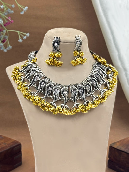 Bird Silver Oxidised Choker oxidised German silver Necklaces saree kurta Bloom - By Sushmita India Navratri Diwali Ganpati holi Eid