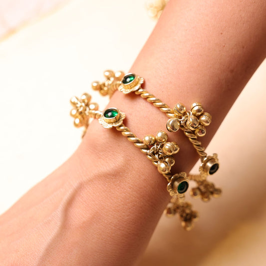 Gold plated Kashmiri ghungroo Bangles / kada with multicolor stones (openable) oxidised German silver Bracelets saree kurta Bloom - By Sushmita India Navratri Diwali Ganpati holi Eid