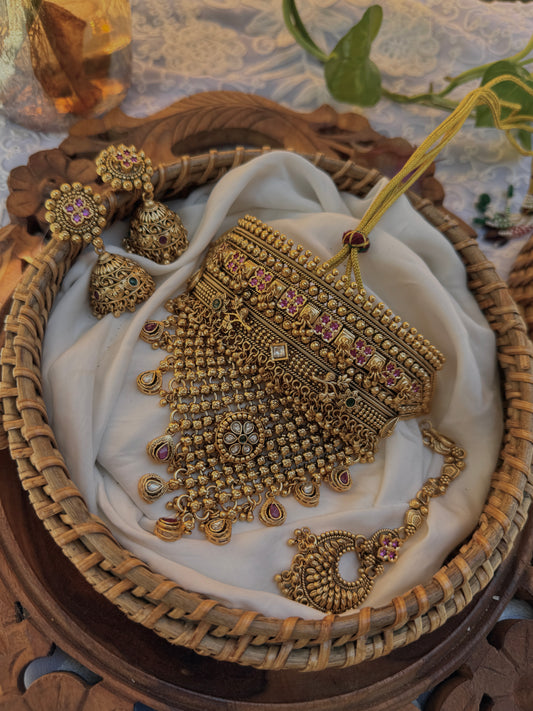 Kangana | Handcrafted rajwadi choker Necklace- heritage 18k gold plated temple necklace set
