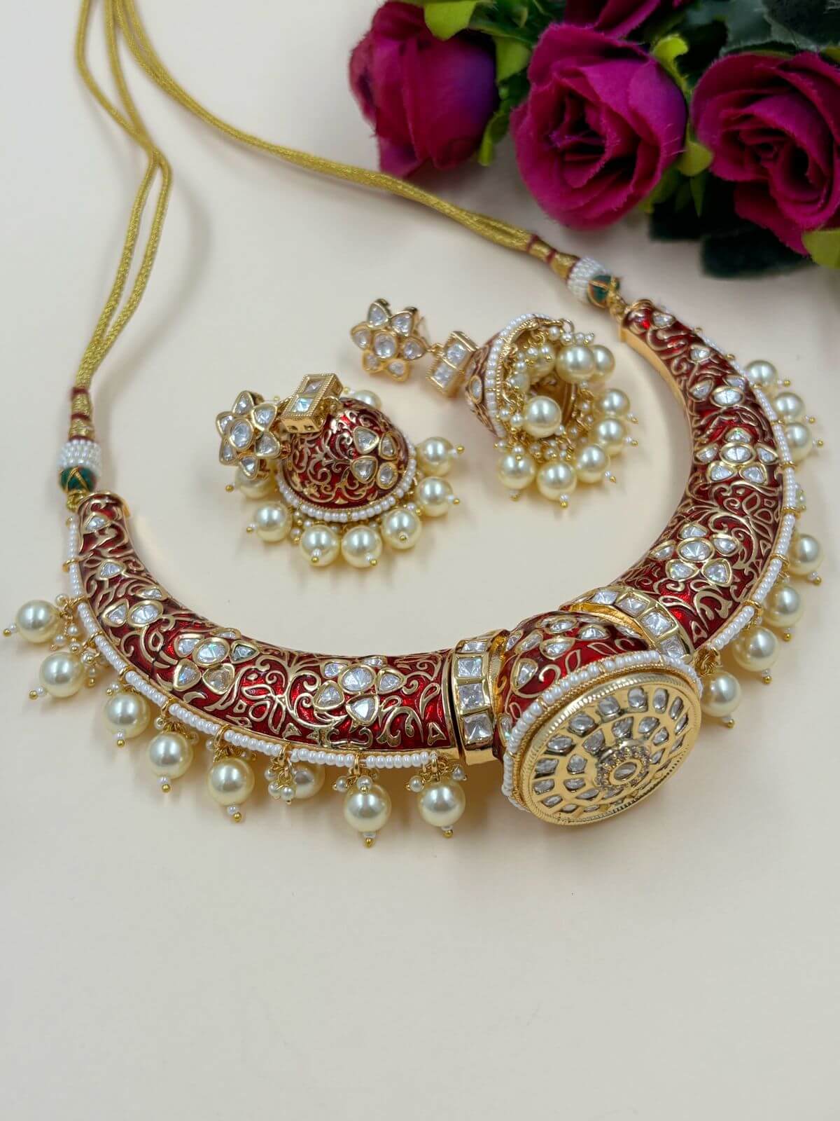 Rajwada - heritage 18k gold plated kundan necklace set with meenakari work