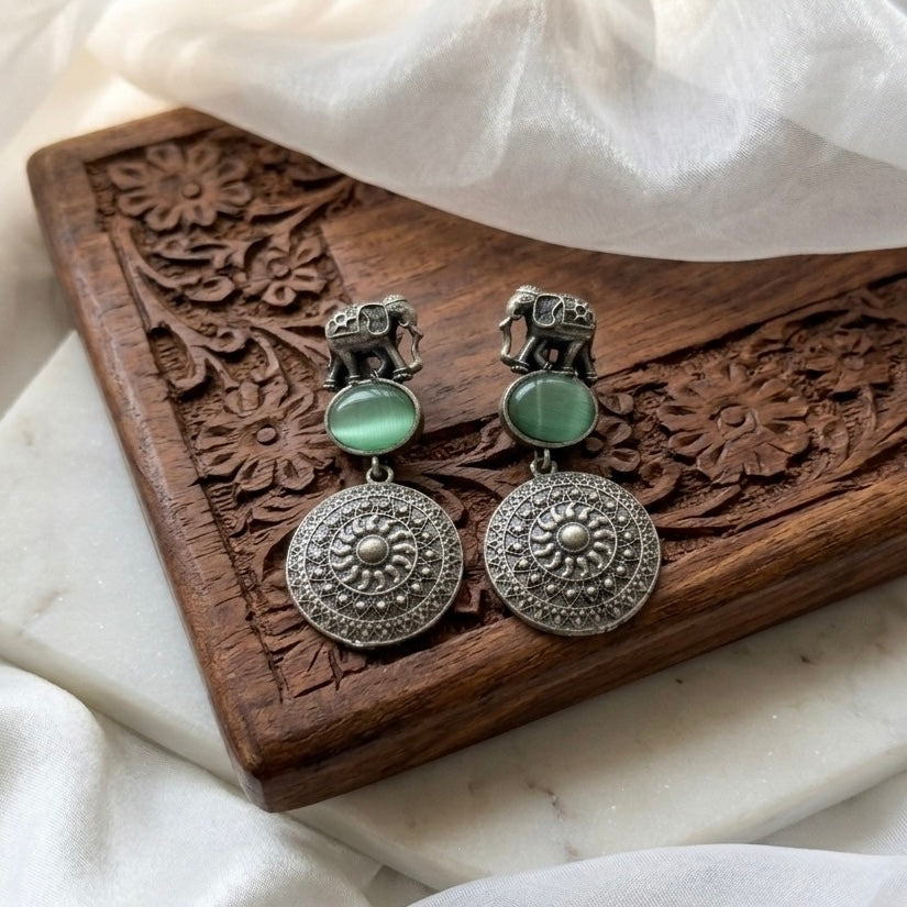 Elephant Silver Stud Earrings with color stones