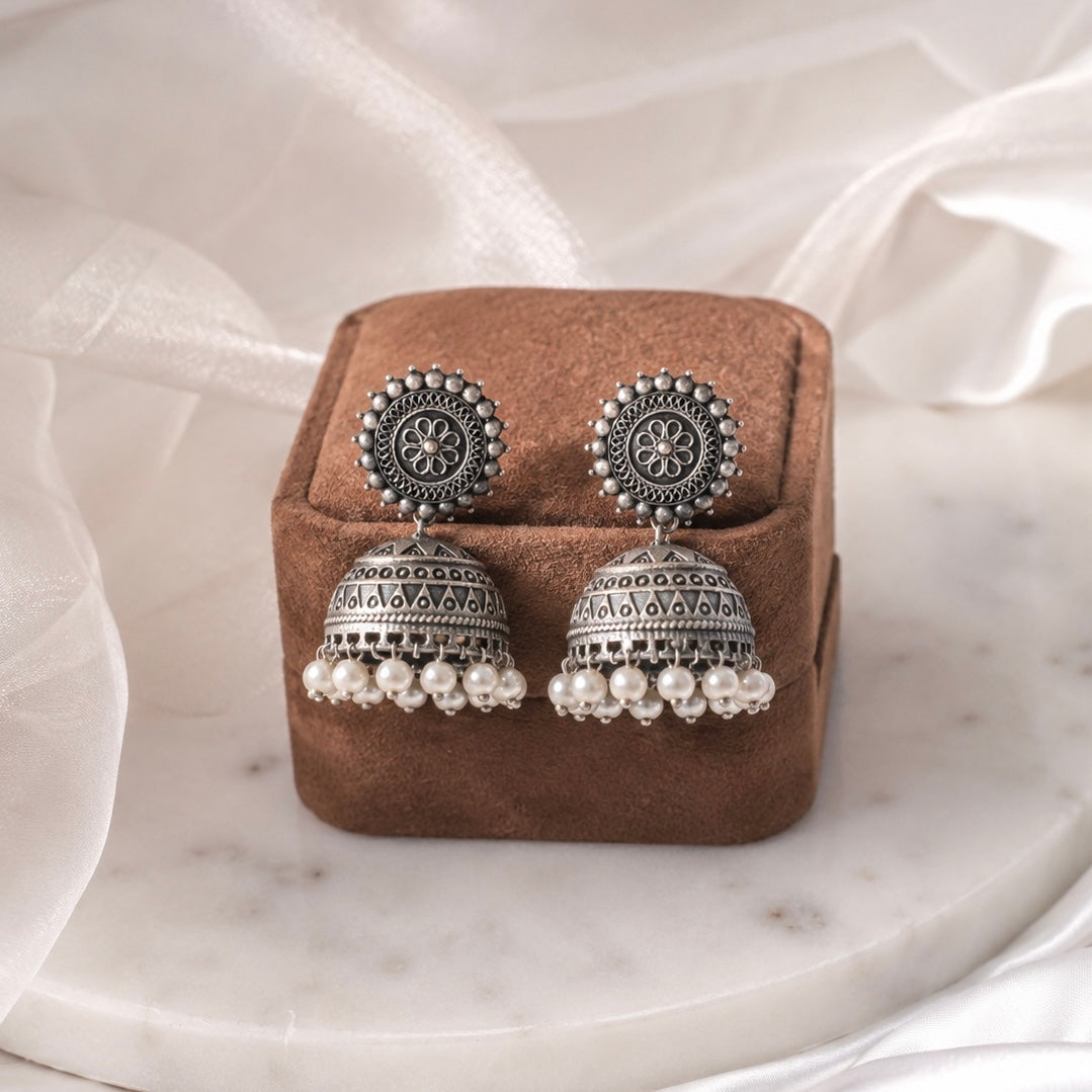 Mahima Silver White Pearl Jhumka | German Silver Earrings