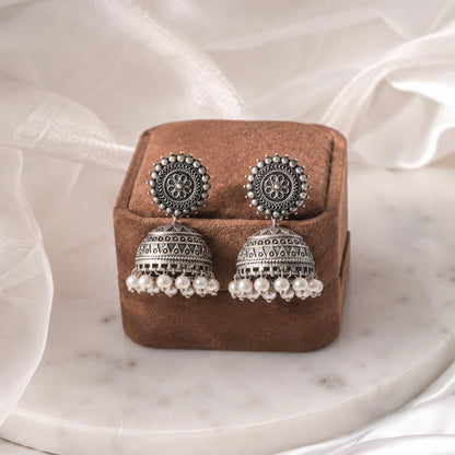 Mahima Silver White Pearl Jhumka | German Silver Earrings