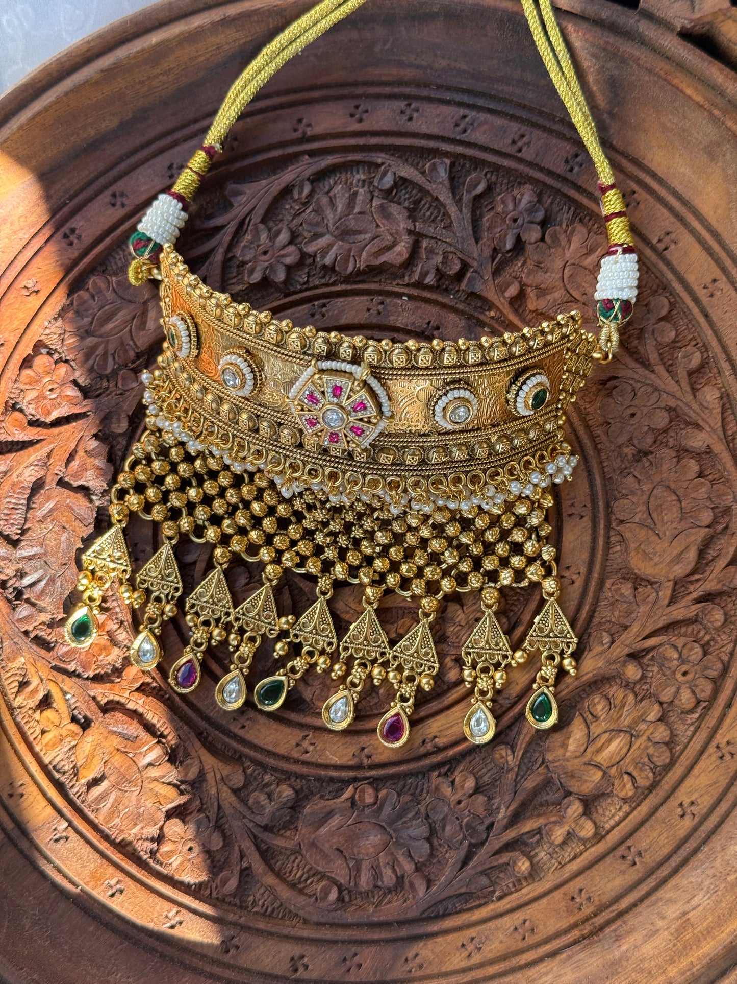 Handcrafted rajwadi choker Necklace- heritage 18k gold plated temple necklace set