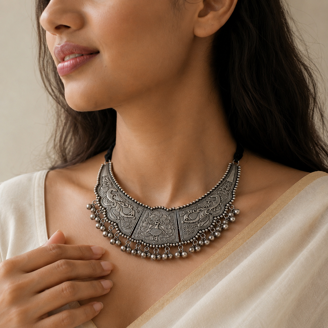 Silver-Plated Ghungroo Studded Oxidised necklace