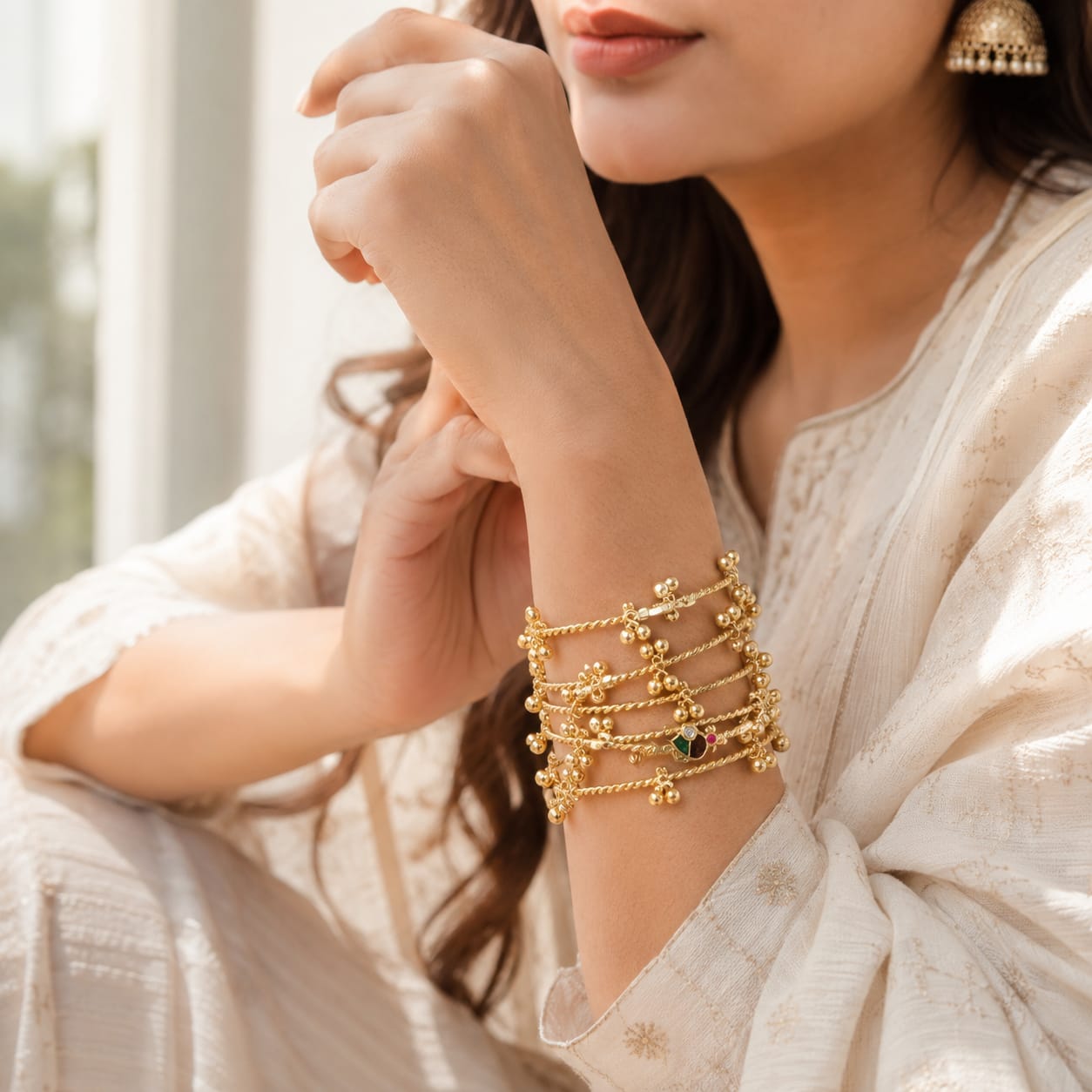 Gold plated kashmiri ghungroo Bangles / kada with multicolor stones (openable)