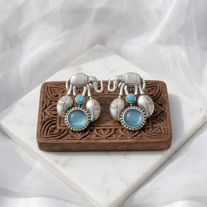 Elephant design Monalisa stone Statement light-weighted  Silver Earrings