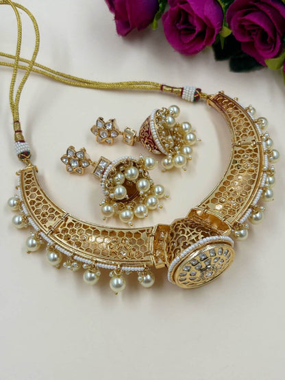Rajwada - heritage 18k gold plated kundan necklace set with meenakari work