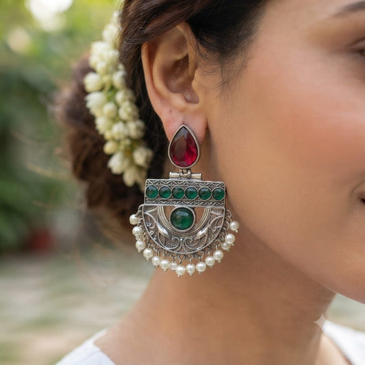 Monalisa stone Statement light-weighted Silver Earrings oxidised German silver Earrings saree kurta Bloom - By Sushmita India Navratri Diwali Ganpati holi Eid