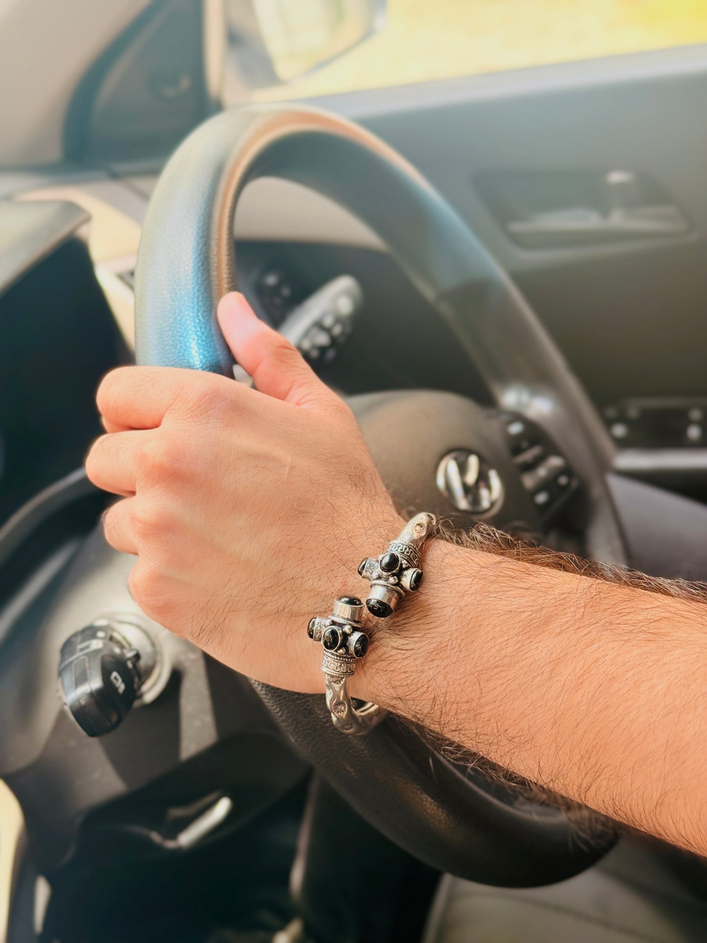 German Oxidised Silver Tribal Kada with Stone Antique Design Indian Kada Bangle Bracelet for Men & Women