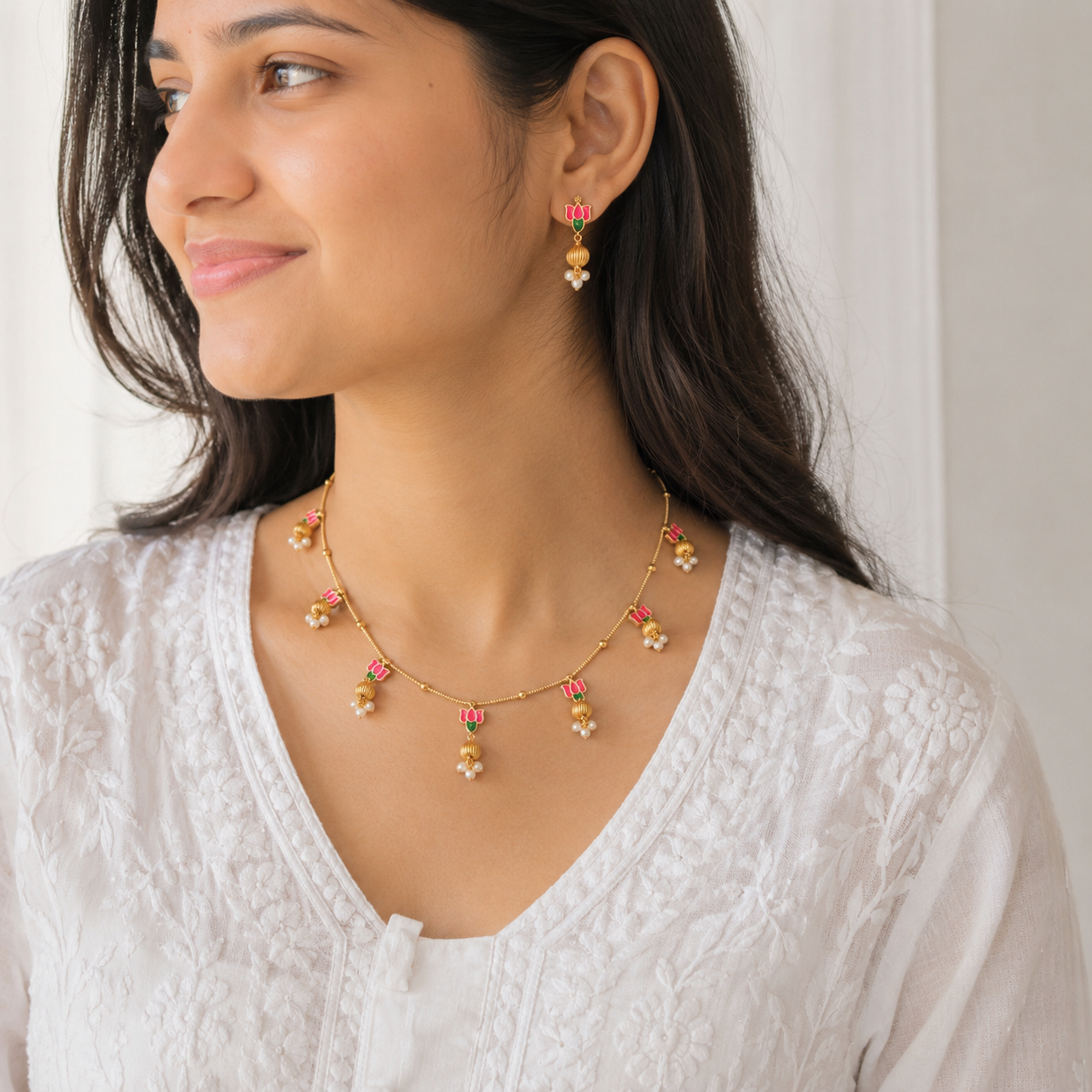 Jyotika Necklace set | Golden minimal necklace with Earrings | Lotus Designed
