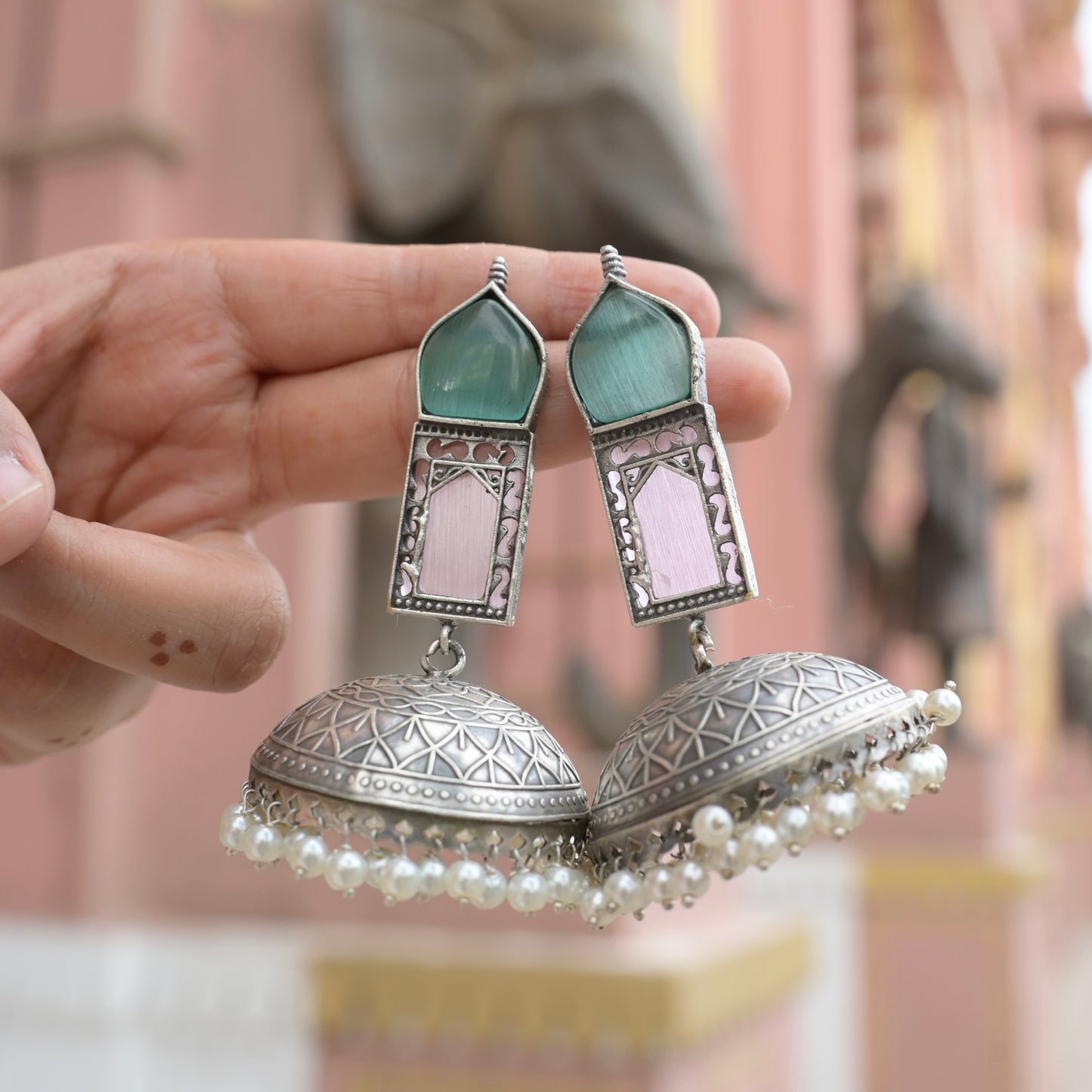 TAJ MAHAL | Monalisa Stone silver Jhumka with white pears n