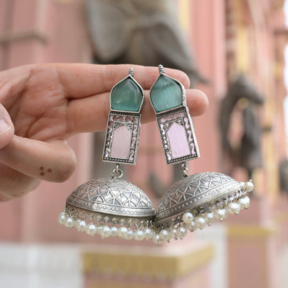 TAJ MAHAL | Monalisa Stone silver Jhumka with white pears n