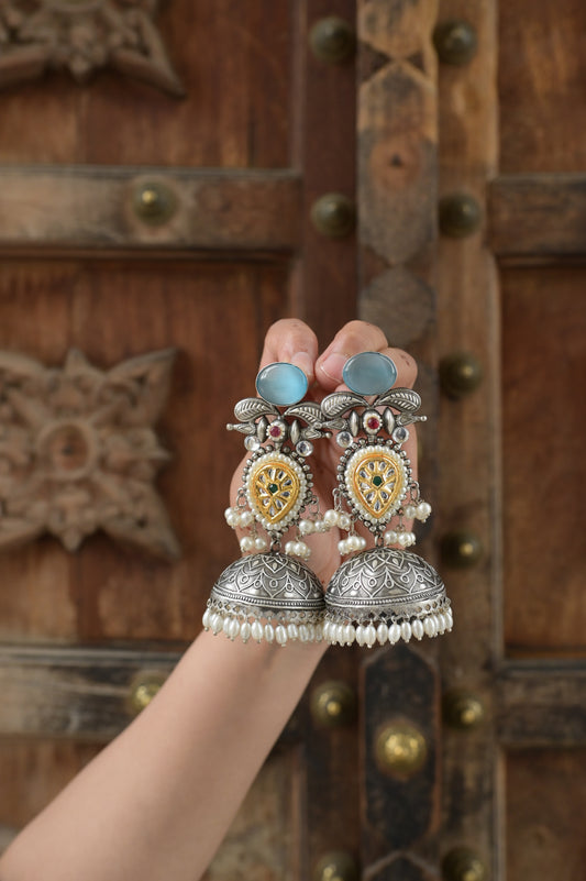 PATRIKA | Monalisa Stone silver Jhumka with white pears
