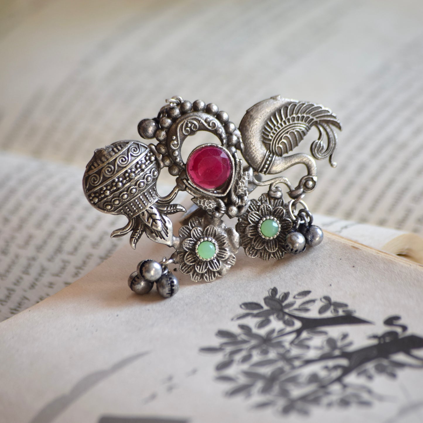 Fusion Ring oxidised German silver Rings saree kurta Bloom - By Sushmita India Navratri Diwali Ganpati holi Eid