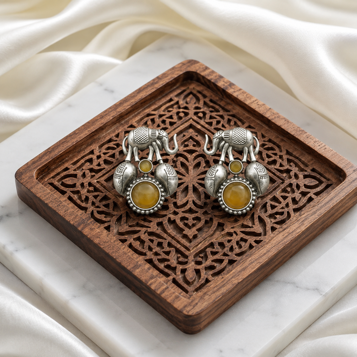 Elephant design Monalisa stone Statement light-weighted  Silver Earrings