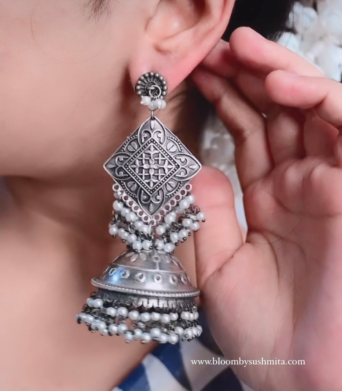 oxidised earrings jhumka silver German white pearl big  jewelry