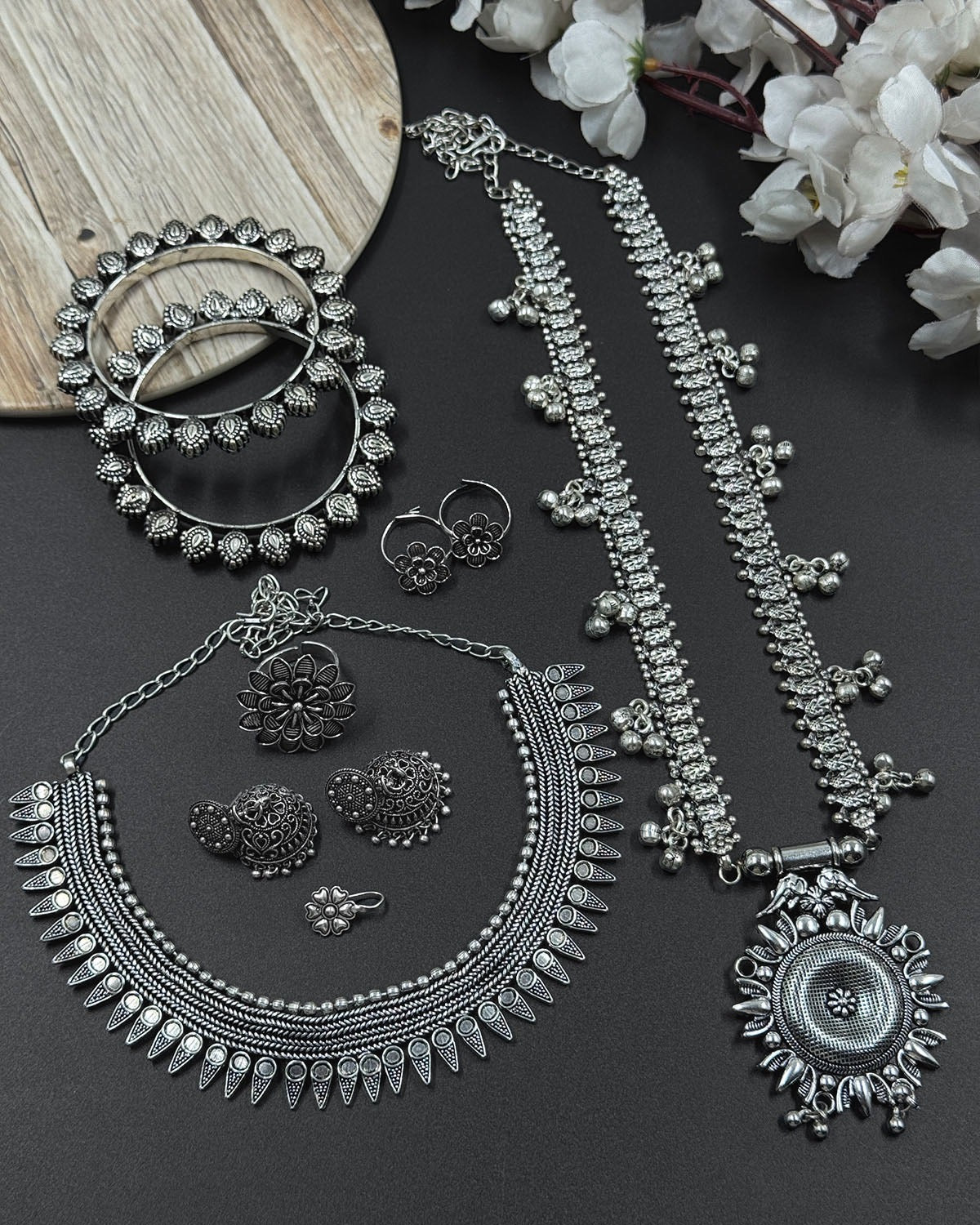7-Piece German Silver Jewellery Gift Combo Set | Necklace, Jhumka, Bangles & More | Bloom By Sushmita
