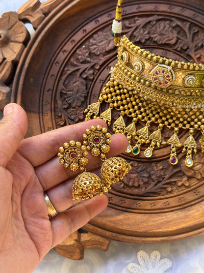Handcrafted rajwadi choker Necklace- heritage 18k gold plated temple necklace set