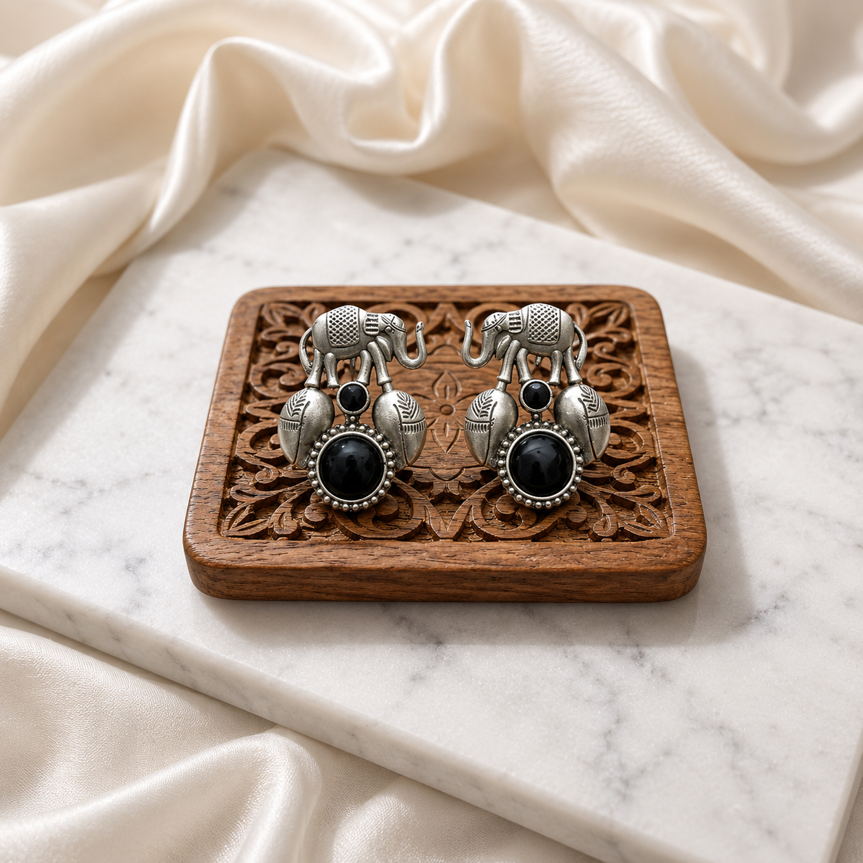 Elephant design Monalisa stone Statement light-weighted  Silver Earrings