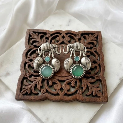 Elephant design Monalisa stone Statement light-weighted  Silver Earrings