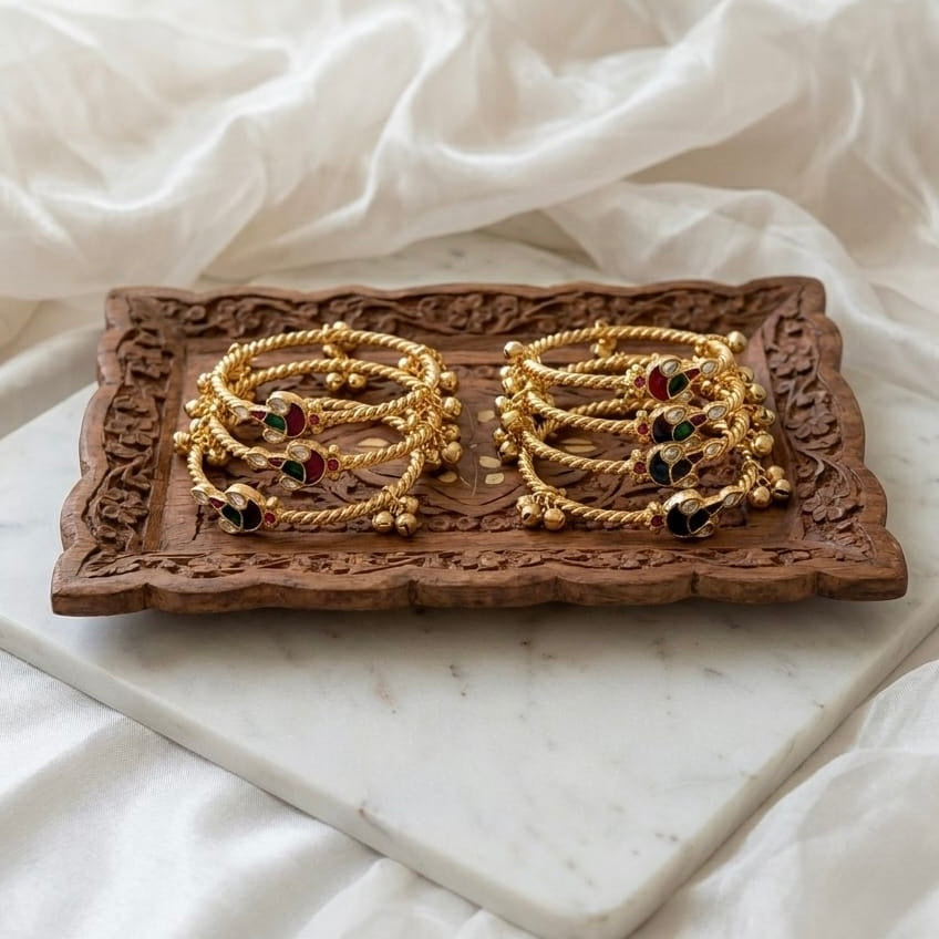 Gold plated kashmiri ghungroo Bangles / kada with multicolor stones (openable)