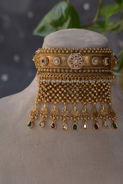 Handcrafted rajwadi choker Necklace- heritage 18k gold plated temple necklace set