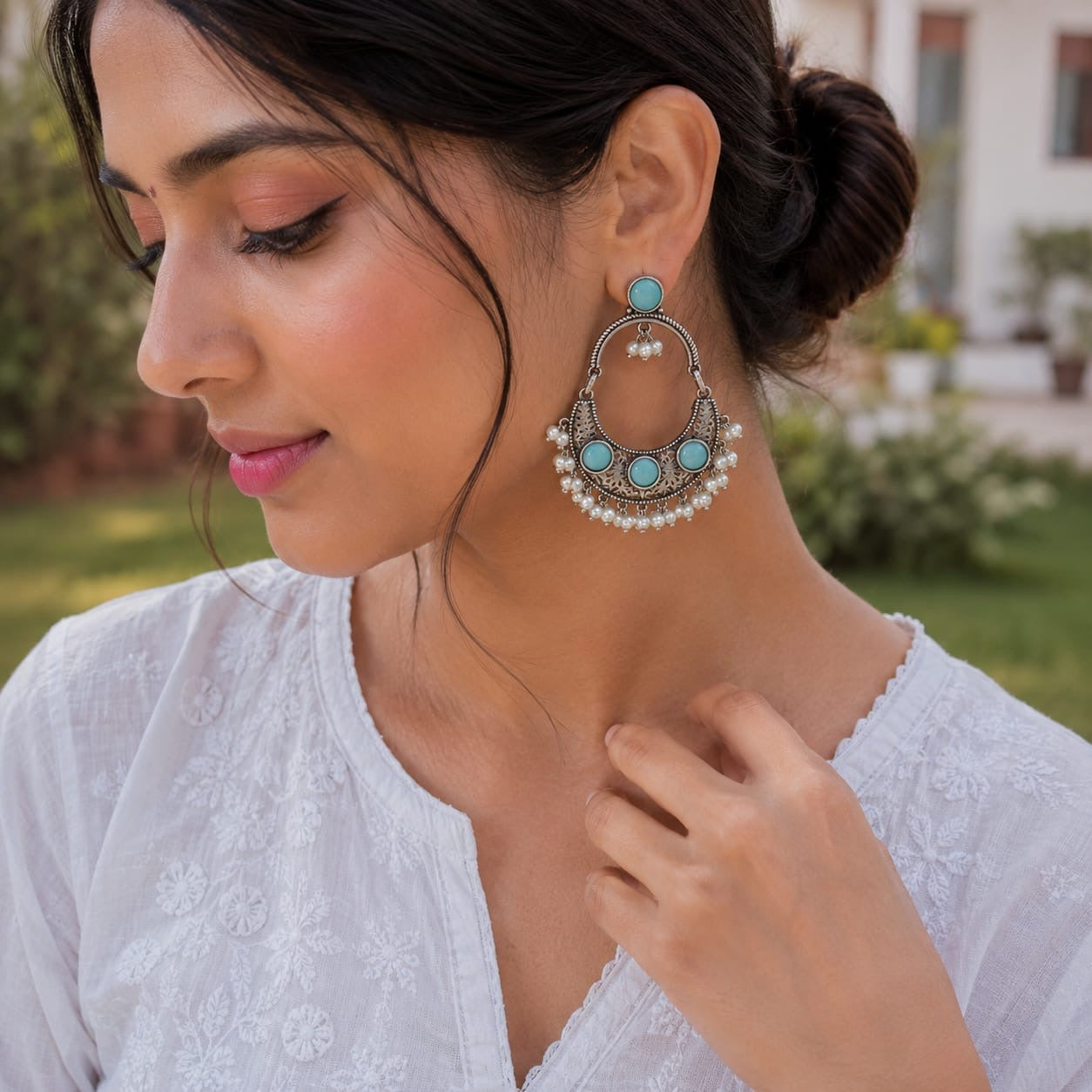 Monalisa stone Statement light-weighted chaandbaali Silver Earrings