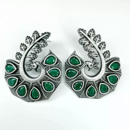 Peacock green Stone Silver Stud Earrings - Bloom - By Sushmita