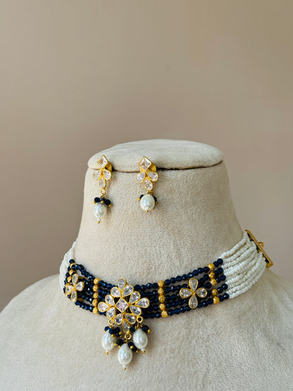 - heritage 18k gold plated kundan necklace blue beaded set