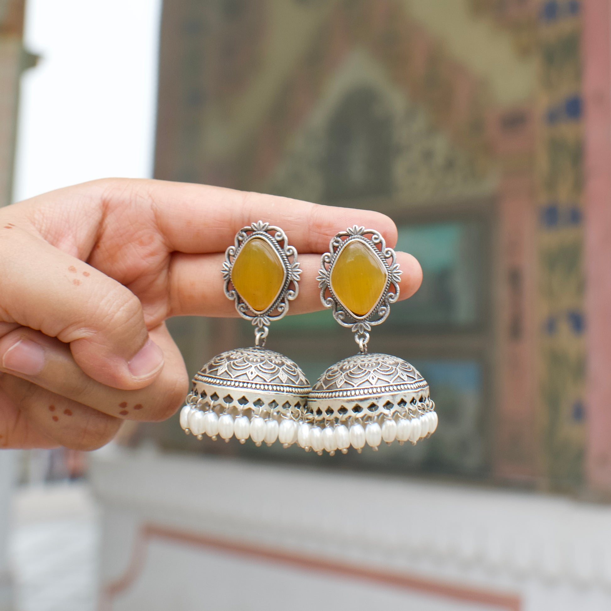 Noor Monalisa Stone silver Jhumka with white pears – Bloom By