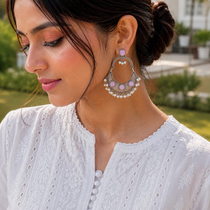 Monalisa stone Statement light-weighted chaandbaali Silver Earrings