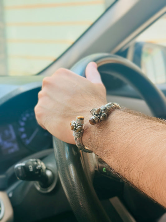 German Oxidised Silver Tribal Kada with Stone Antique Design Indian Kada Bangle Bracelet for Men & Women