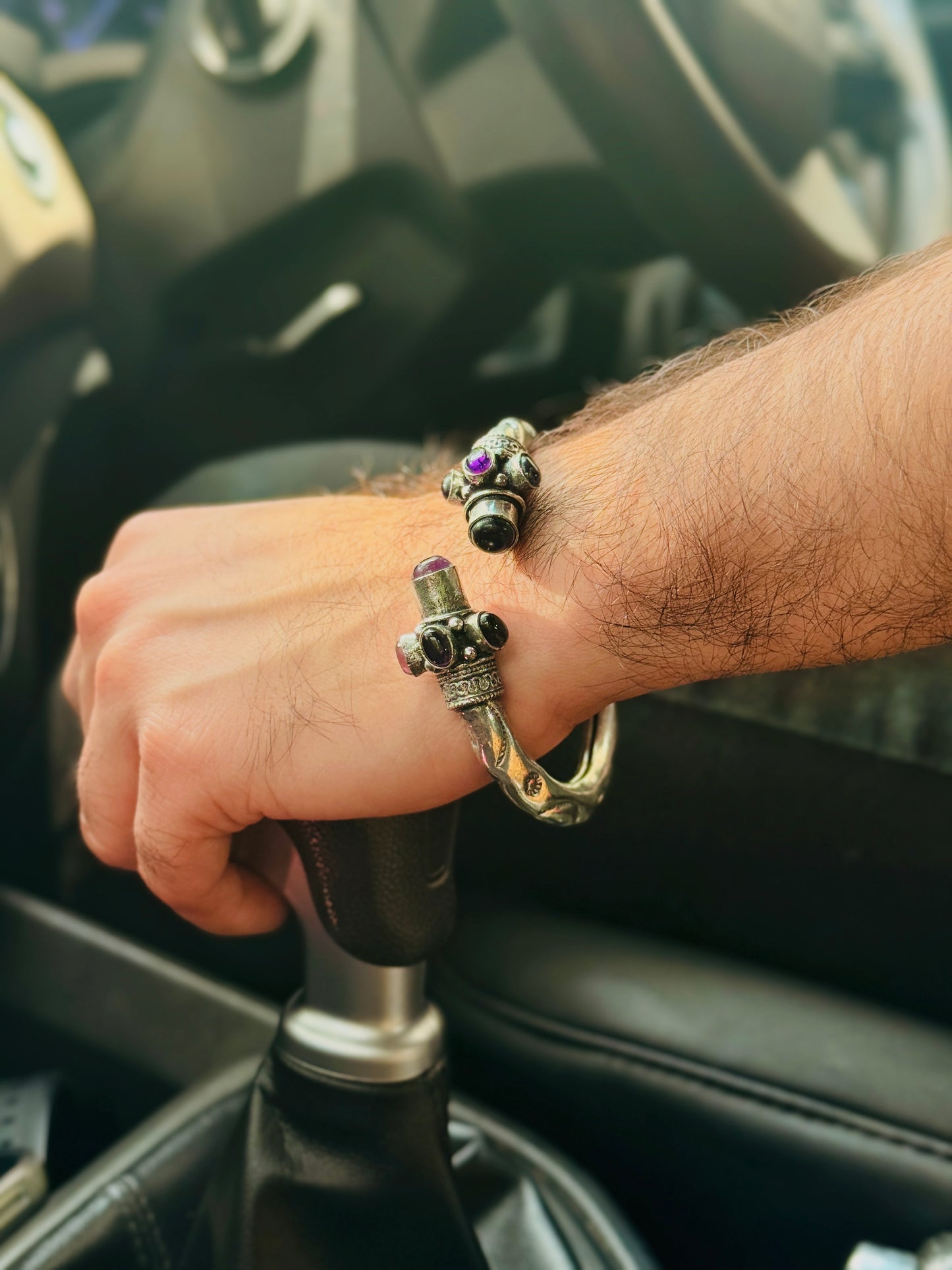 German Oxidised Silver Tribal Kada with Stone Antique Design Indian Kada Bangle Bracelet for Men & Women