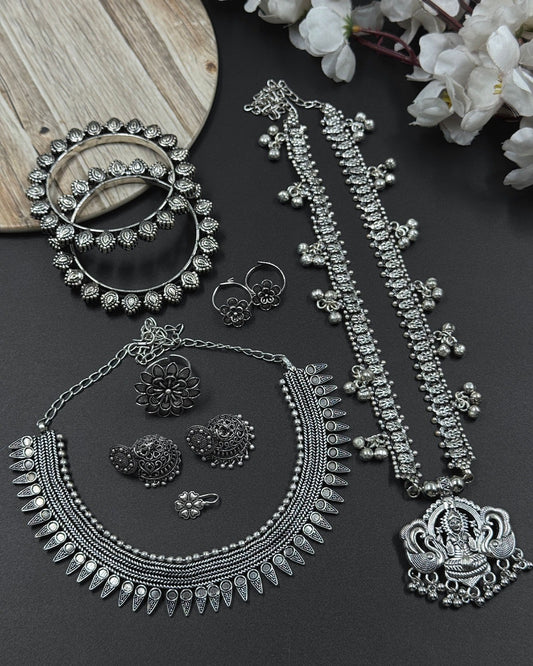 7-Piece German Silver Jewellery Gift Combo Set | Necklace, Jhumka, Bangles & More | Bloom By Sushmita oxidised German silver saree kurta Bloom - By Sushmita India Navratri Diwali Ganpati holi Eid