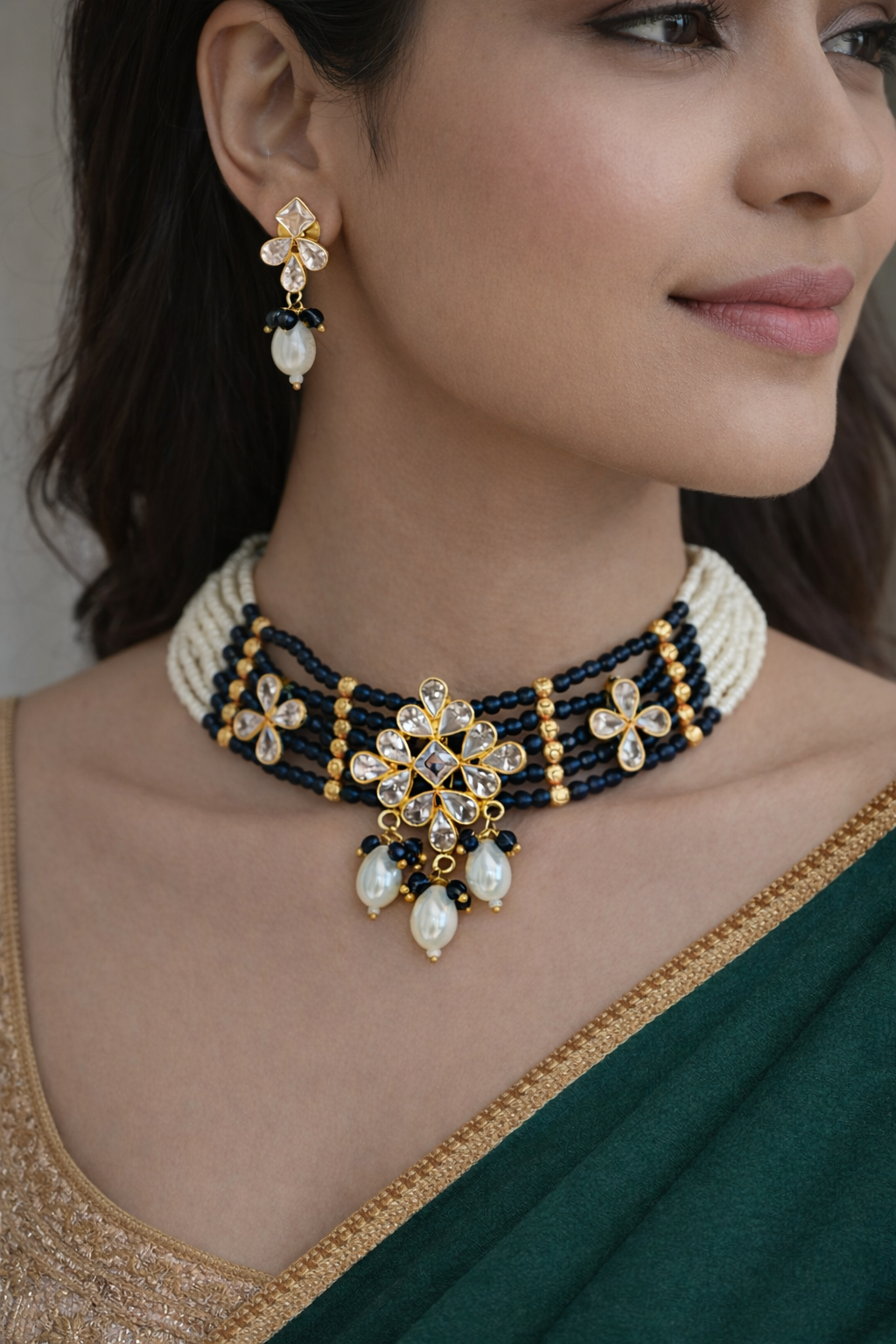 - heritage 18k gold plated kundan necklace blue beaded set