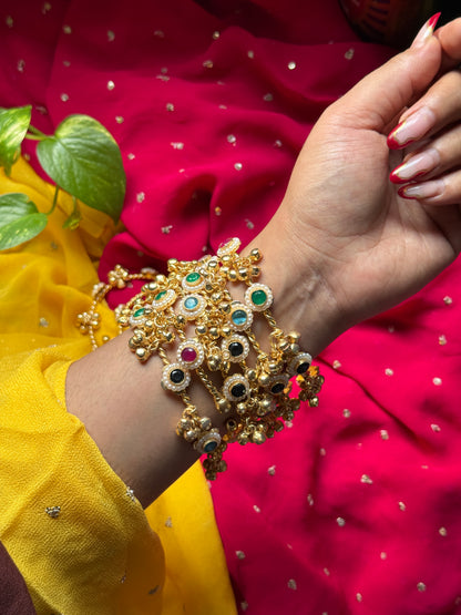 Gold plated ghungroo Bangles / kada with multicolor stones (openable)