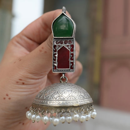 TAJ MAHAL | Monalisa Stone silver Jhumka with white pears n