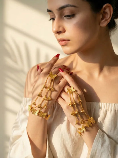 Golden Ghungroo Brass Hathphool | Hand Jewelry | alia bhatt Cannes style