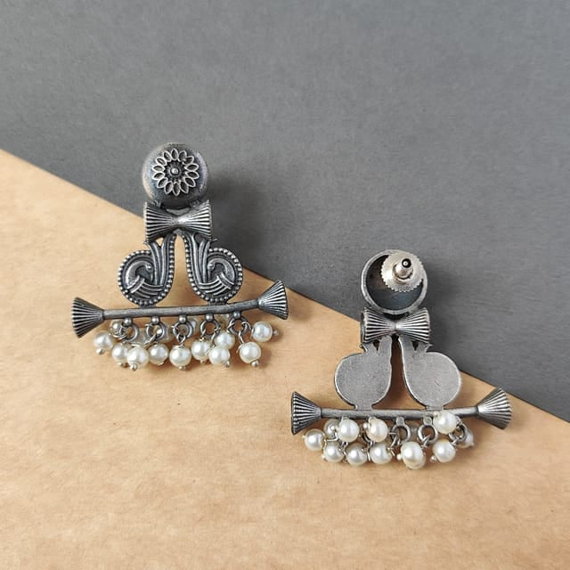 Antique silver lookalike Earrings with white pearls - Bloom - By Sushmita