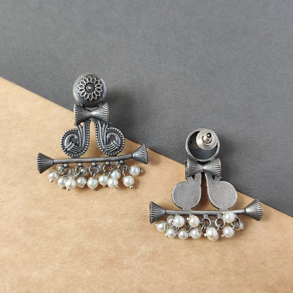 Antique silver lookalike Earrings with white pearls - Bloom - By Sushmita