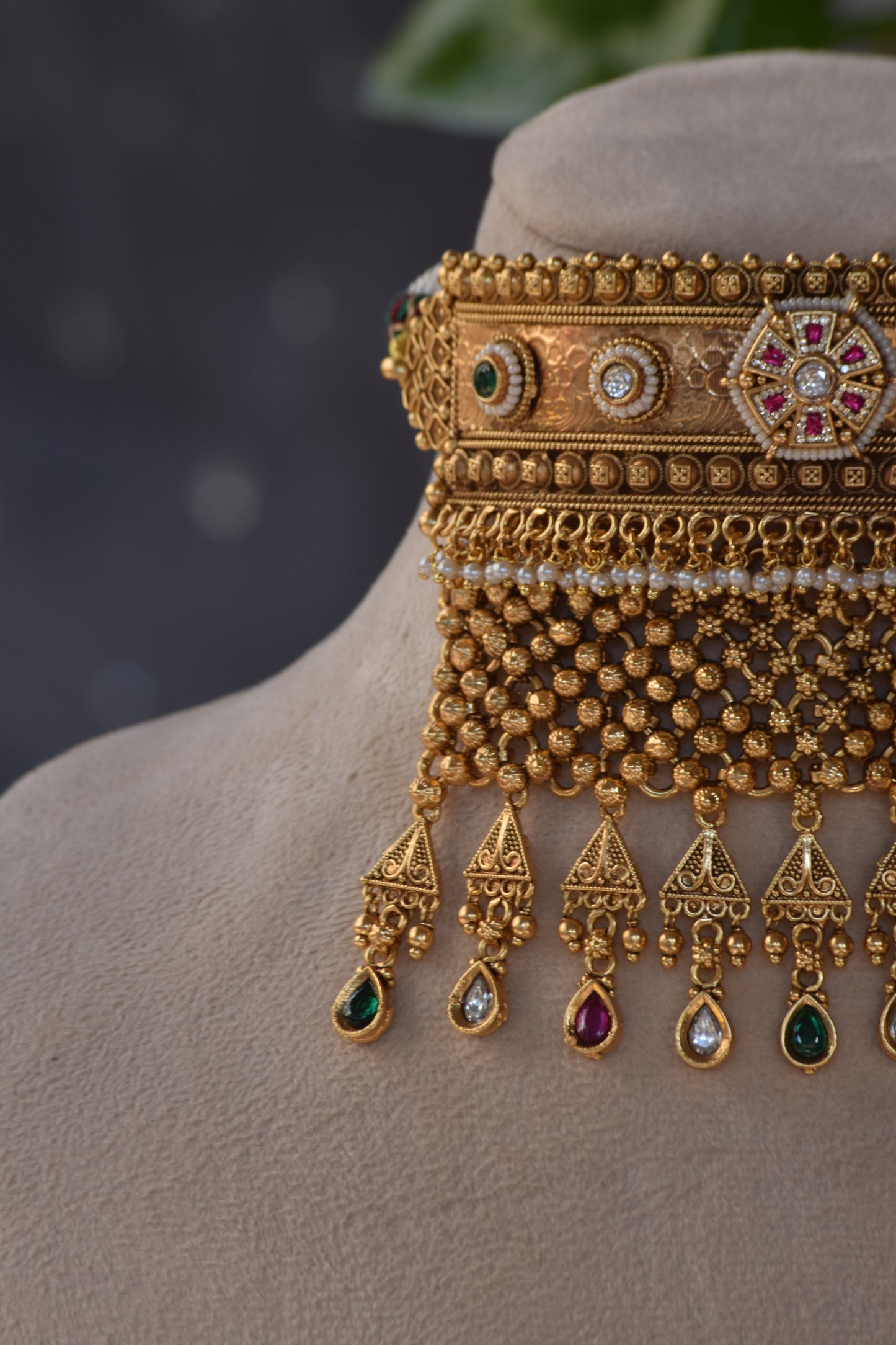 Handcrafted rajwadi choker Necklace- heritage 18k gold plated temple necklace set