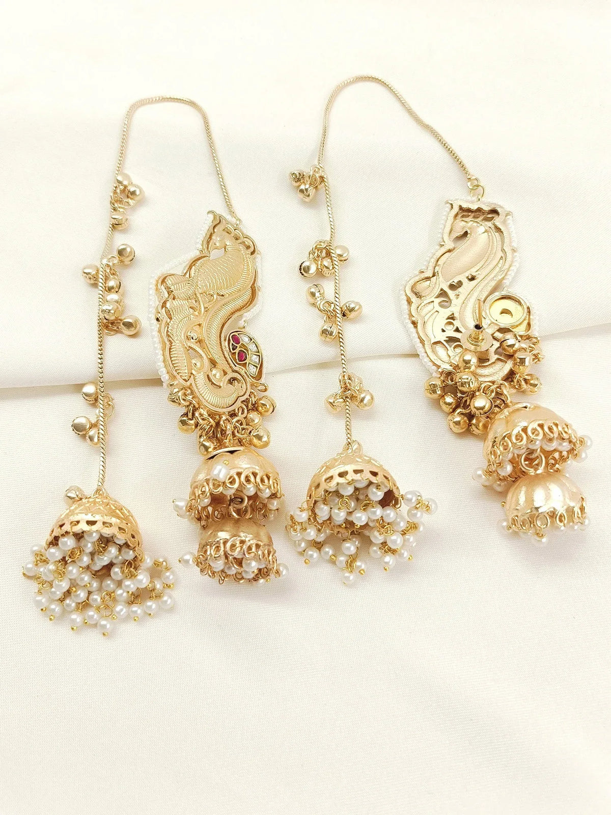 Saraswati  | gold plated kundan Earrings with chain | ghungru Earrings