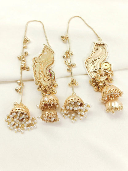 Saraswati  | gold plated kundan Earrings with chain | ghungru Earrings
