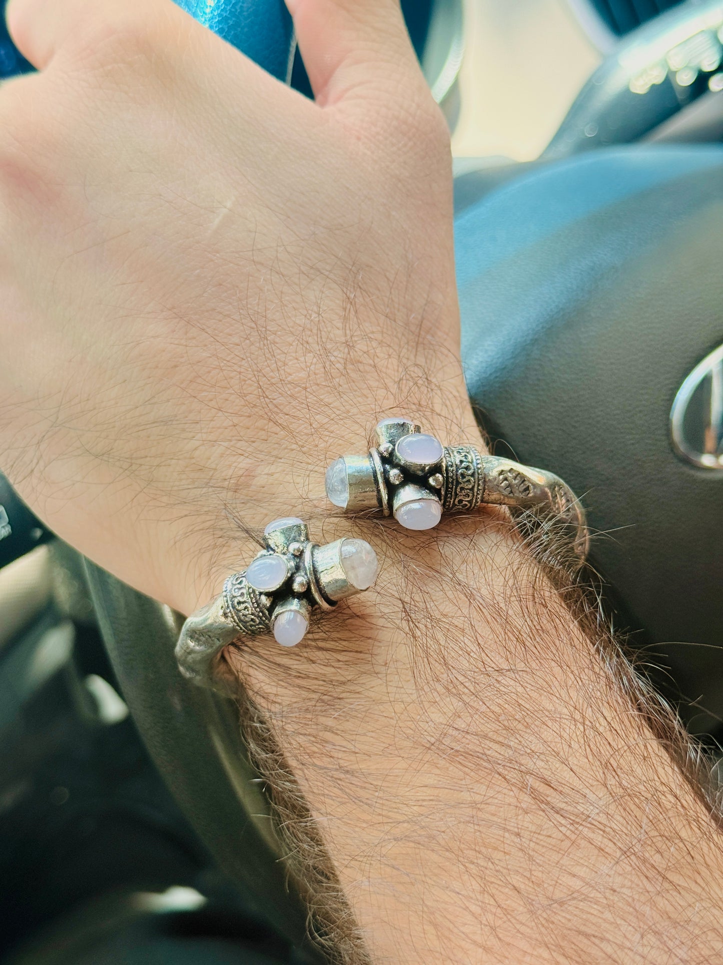 German Oxidised Silver Tribal Kada with Stone Antique Design Indian Kada Bangle Bracelet for Men & Women